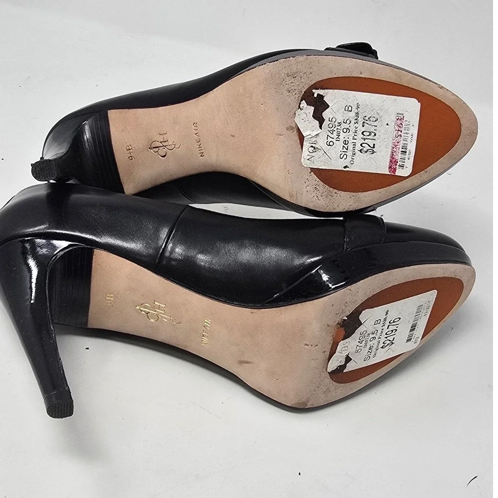Cole Haan women 9.5B black Chelsea buckle pump Almond toe stiletto platform chic
